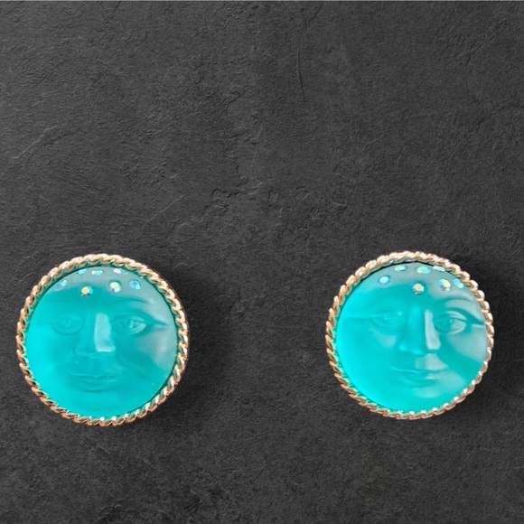 Stunning Kirk's Folly Teal Moon Face Stud Earrings 3/4" Gold Tone Celestial NEW - Picture 5 of 5